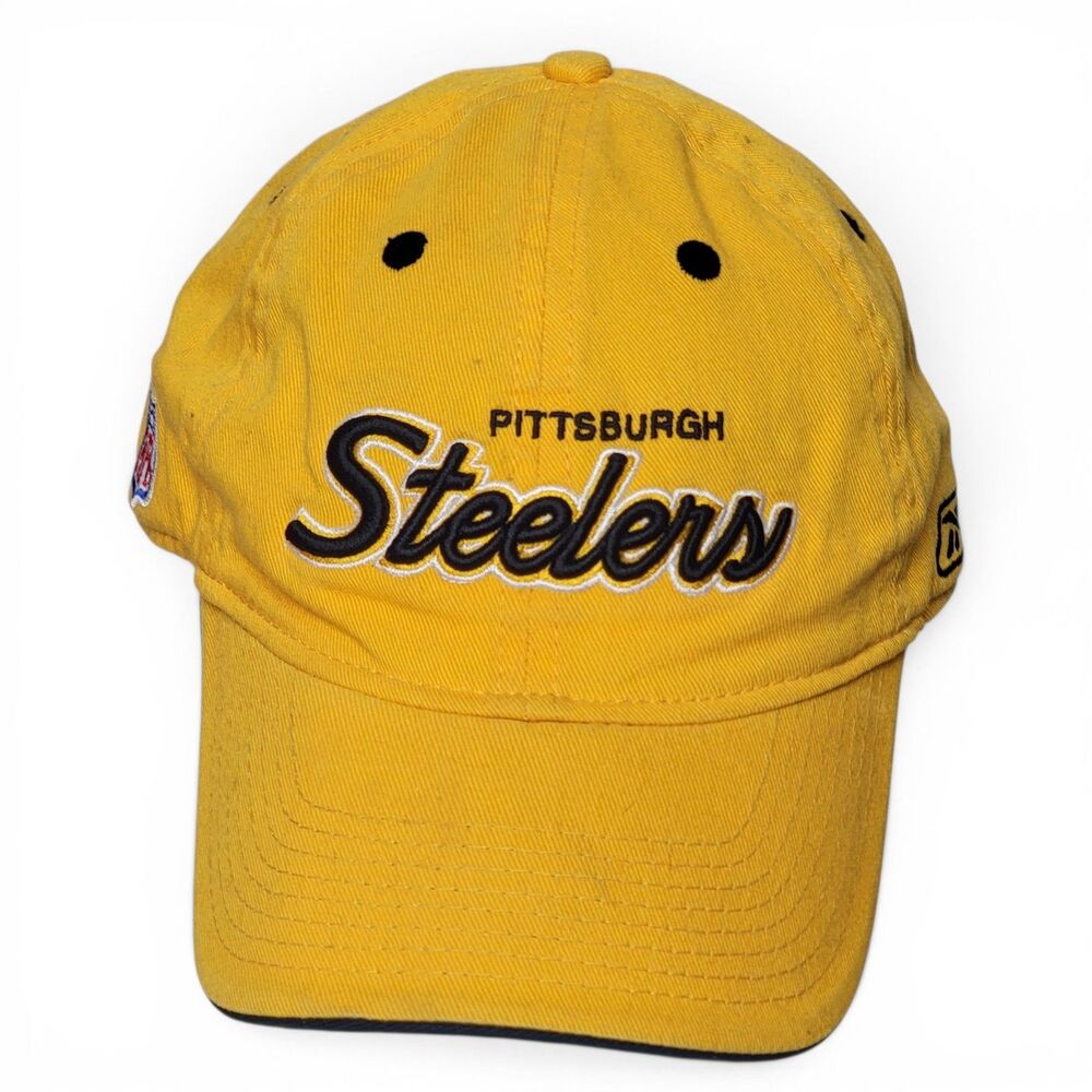 VTG NFL Pittsburgh Steelers Baseball Cap Reebok Strap Back Cursive Yellow Hat